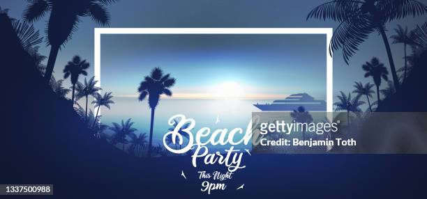 summer beach party poster with tropical beach  and yacht in the evening - beach music stock illustrations