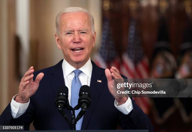 President Joe Biden delivers remarks on the end of the war in Afghanistan in the State Dining Room at the White House on August 31, 2021 in...