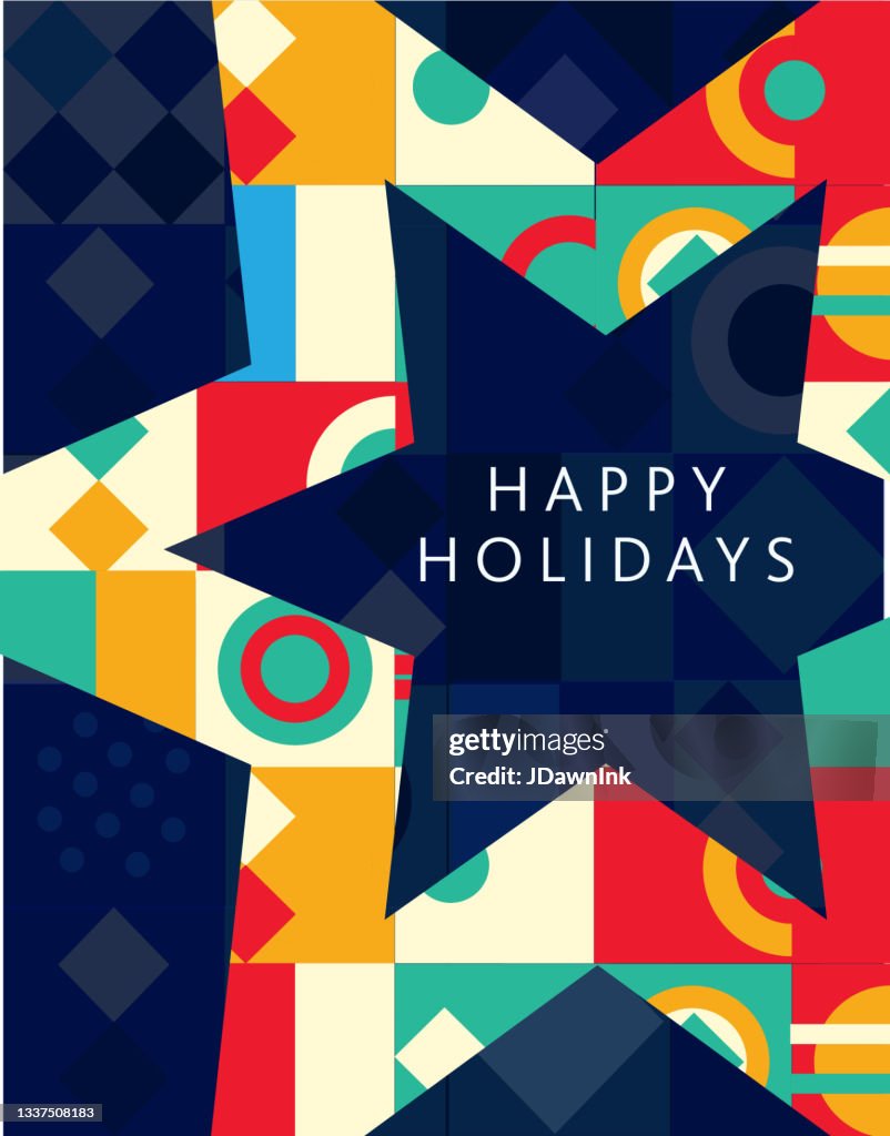 Happy Holidays Greeting card flat design template with star geometric shapes and simple icons