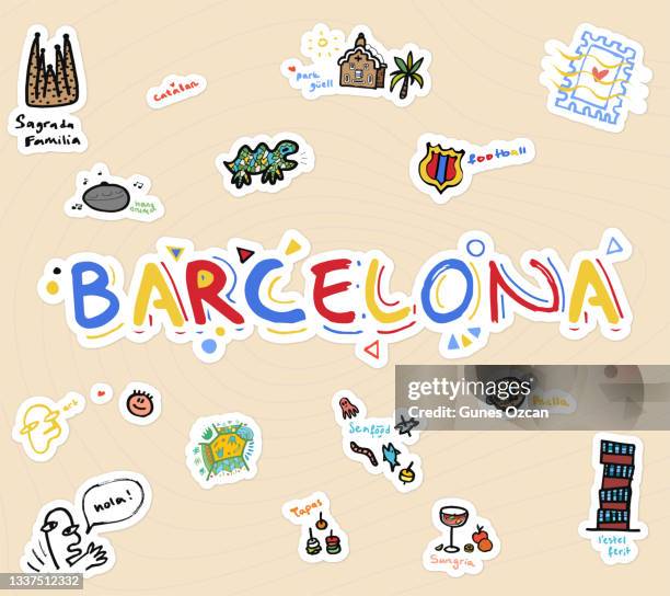 hand drawn "barca" doodle sticker pack - barcelona travel guide doodles - barcelona province stock illustrations
