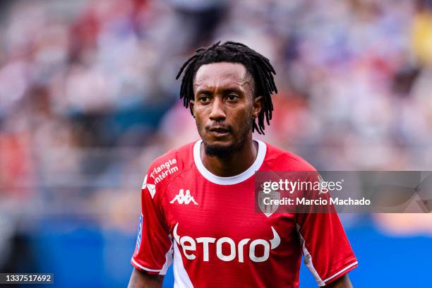 Gelson Martins of AS Monaco in action during the Ligue 1 Uber Eats match between Troyes and Monaco at Stade de l'Aube on August 29, 2021 in Troyes,...