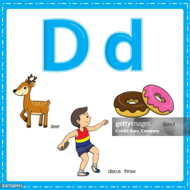 vector illustration for learning the letter d in both lowercase and uppercase for children with 3 cartoon images. deer discus throw donut. - discus 幅插畫檔、美工圖案、卡通及圖標