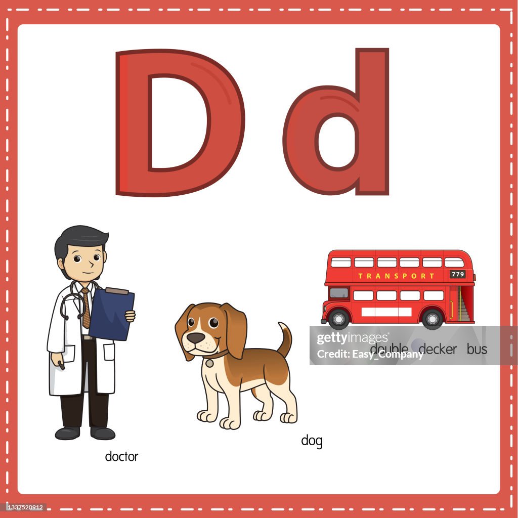 Ilustración Vectorial Para Aprender La Letra D Tanto En Minúsculas Como En  Mayúsculas Para Niños Con 3 Imágenes De Dibujos Animados Autobús Doctor Dog  De Dos Pisos Ilustración de stock - Getty Images