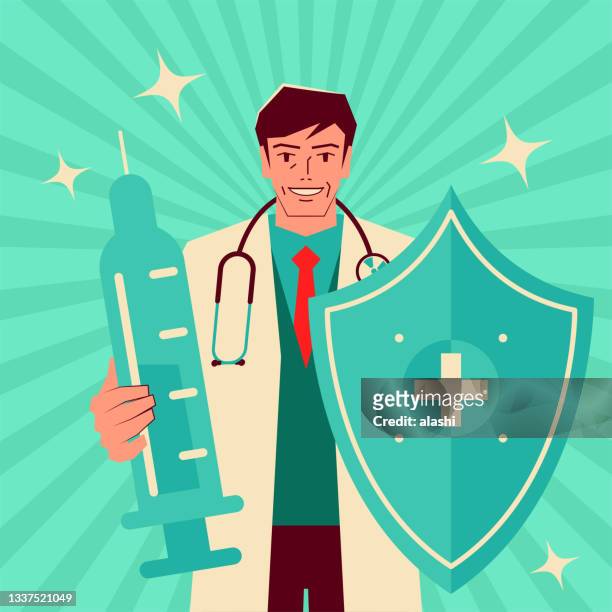 confident mature doctor wearing a stethoscope and holding a shield and a big syringe fighting against diseases - bulk test stock illustrations