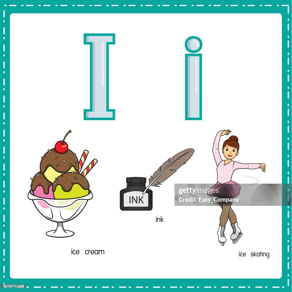 Vector illustration for learning the letter I in both lowercase and uppercase for children with 3 cartoon images. Ice cream Ink Ice skating .