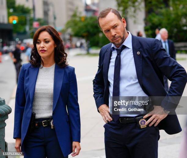 Marisa Ramirez and Donnie Wahlberg on location for 'Blue Bloods' on August 31, 2021 in New York City.