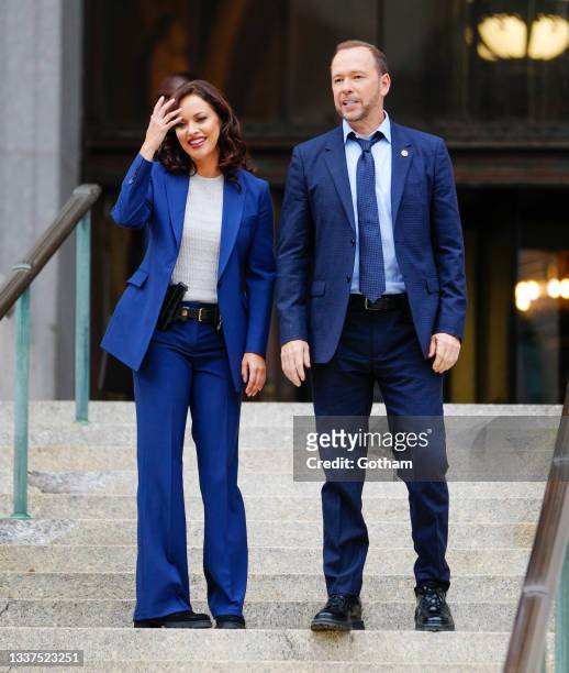 Marisa Ramirez and Donnie Wahlberg on location for 'Blue Bloods' on August 31, 2021 in New York City.
