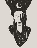 Mystical Woman with the Moon and the Stars in Hair in a Trendy Boho Style. Vector Space Portrait of A girl