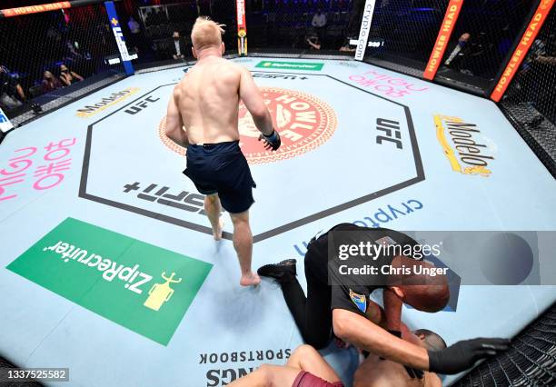 Fletcher reacts after his knockout victory over Leonardo Damiani of Italy in their welterweight fight during Dana White's Contender Series season...