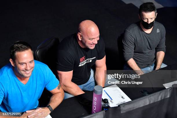 President Dana White reacts along with matchmakers Mick Maynard and Sean Shelby after the knockout by AJ Fletcher over Leonardo Damiani of Italy in...