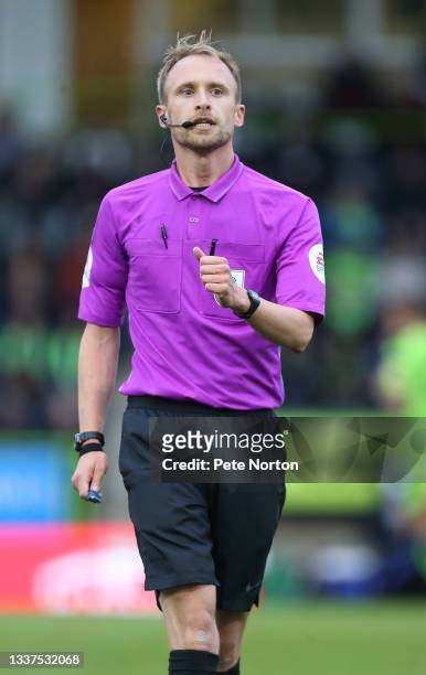 Referee Ben Purkiss in action during the Papa John's Trophy match between Forest Green Rovers and Northampton Town at The New Lawn on August 31, 2021...