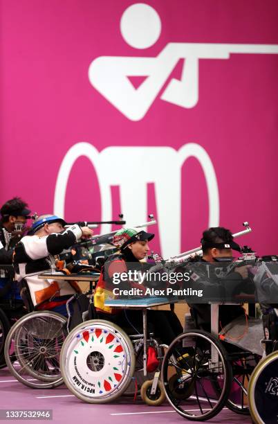 Roghay Shojaei of Team Iran competes in the R3 - Mixed 10m Air Rifle Prone SH1 Qualification on day 8 of the Tokyo 2020 Paralympic Games at Asaka...