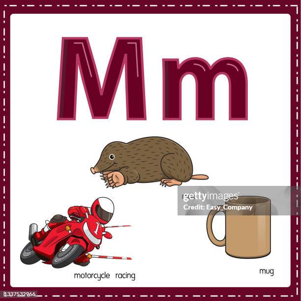 vector illustration for learning the letter m in both lowercase and uppercase for children with 3 cartoon images. motorcycle racing mole mug. - motorcycle engine stock illustrations
