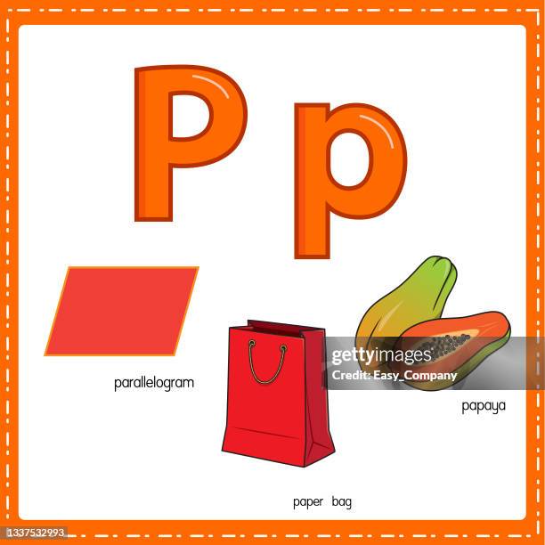 vector illustration for learning the letter p in both lowercase and uppercase for children with 3 cartoon images. parallelogram paper bag papaya. - understand customer stock illustrations