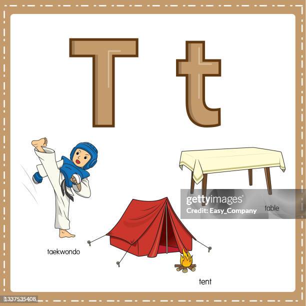 vector illustration for learning the letter t in both lowercase and uppercase for children with 3 cartoon images. taekwondo tent table. - kid karate stock illustrations