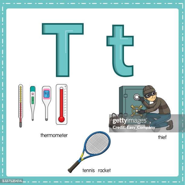 vector illustration for learning the letter t in both lowercase and uppercase for children with 3 cartoon images. thermometer tennis racket thief . - kid taking first steps stock illustrations