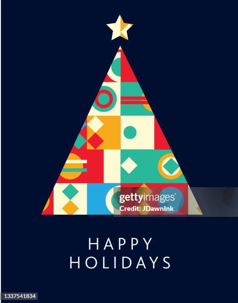 happy holidays greeting card flat design template with christmas tree geometric shapes and simple icons - christmas bauble 幅插畫檔、美工圖案、卡通及圖標