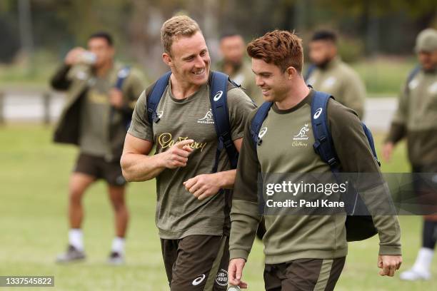 Reece Hodge and Andrew Kellaway arrive for an Australian Wallabies training session at Wesley Playing Fields on September 01, 2021 in Perth,...