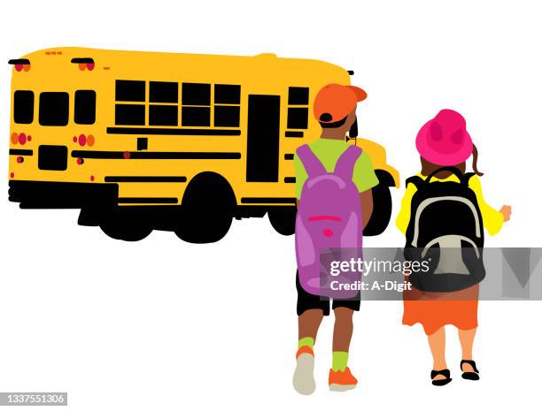 school bus kids pink - bucket hat white background stock illustrations
