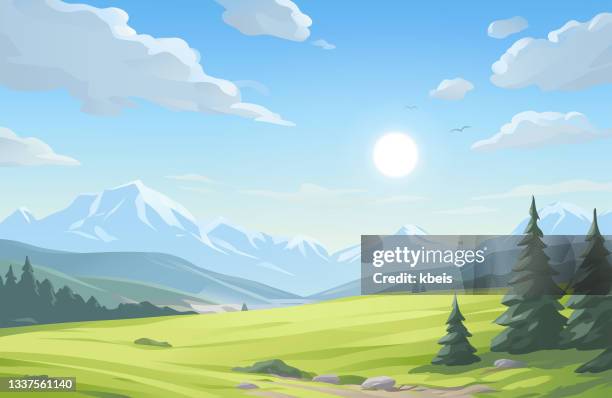 ilustraciones, imágenes clip art, dibujos animados e iconos de stock de paisaje soleado de montaña - montaña