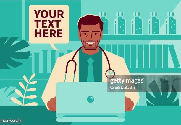 one mature doctor providing telemedicine services - arabic doctor stock illustrations