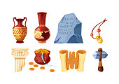 Set of archeology artifacts ancient. Amphora, papyrus script, cave drawings, ax, pot of gold coins, whole and cracked vases, antique column. Historic civilization exploration