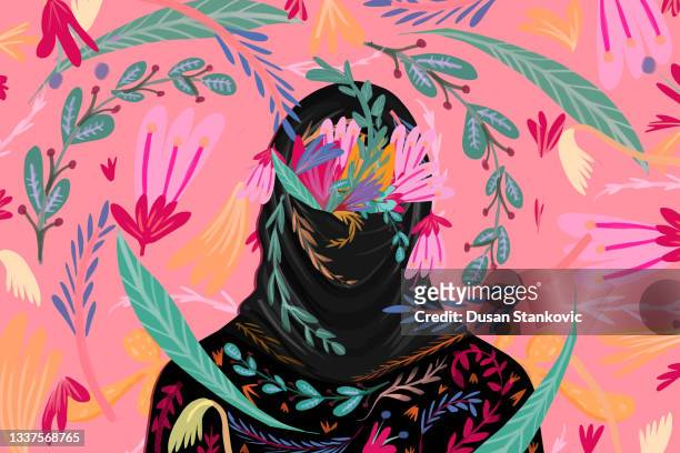 illustrazioni stock, clip art, cartoni animati e icone di tendenza di hijab pieno di fiori - solo una donna giovane