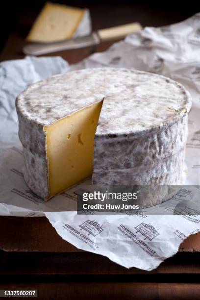 close up whole wheel of gorwydd caerphilly cheese with a wedge removed - cultura gallese foto e immagini stock