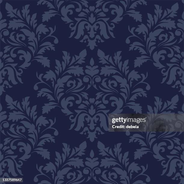 ilustrações de stock, clip art, desenhos animados e ícones de navy blue damask luxury decorative textile pattern - azul marinho