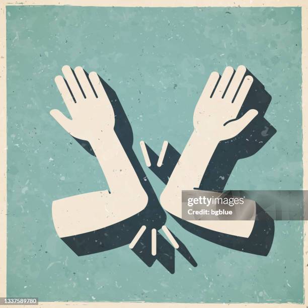 greeting with elbow bump. icon in retro vintage style - old textured paper - elbow icon stock illustrations