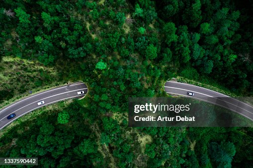 Aerial view of green bridge corridor for wildlife to cross highway safely. Aerial view of green bridge corridor for wildlife to cross highway safely.