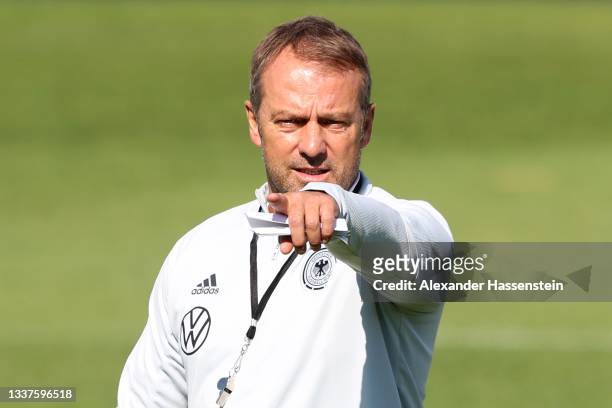 Hans-Dieter Flick, Head Coach of Germany reacts during a training session at Gazi-Stadion auf der Waldau on September 01, 2021 in Stuttgart, Germany.