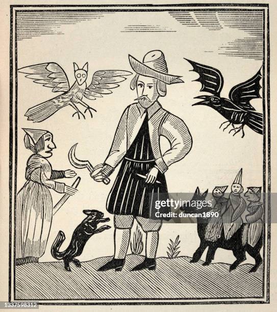 the witch of the woodlands, vintage woodcut illustration - witch stock illustrations