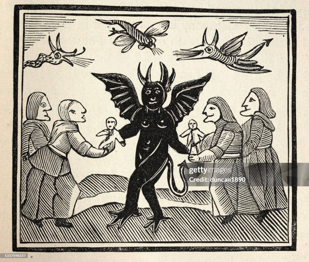 Die Hexe der Wälder, Beschwörung, Beschwörung eines Dämons, Vintage-Holzschnitt-Illustration