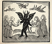 The Witch of the Woodlands, Evocation, summoning a demon, Vintage woodcut illustration