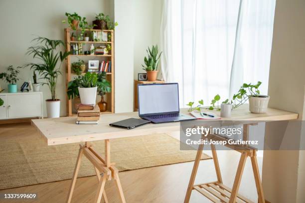 wooden desktop for home office. laptop with blank screen - laptop on white background stock pictures, royalty-free photos & images