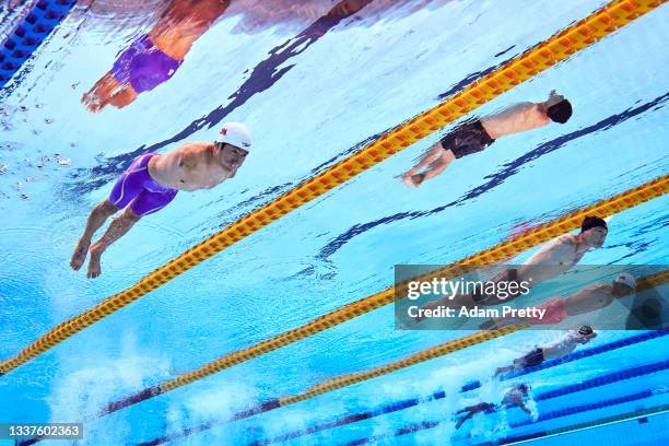 Lichao Wang of Team China, Tao Zheng of Team China and Weiyi Yuan of Team China compete in the men’s 50m Freestyle - S5 final on day 8 of the Tokyo...