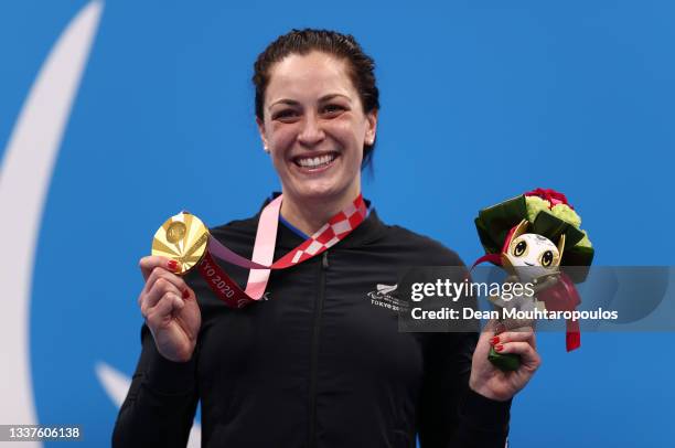 Gold medalist Sophie Pascoe of Team New Zealand reacts during the women’s 200m Individual Medley - SM9 medal ceremony on day 8 of the Tokyo 2020...