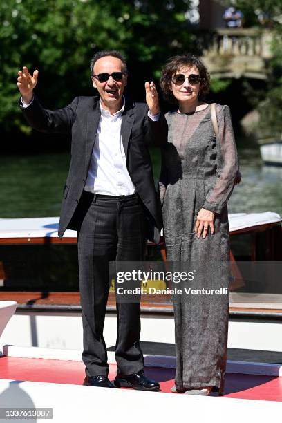 Roberto Benigni adn Nicoletta Braschi are seen arriving at the 78th Venice International Film Festival on September 01, 2021 in Venice, Italy.