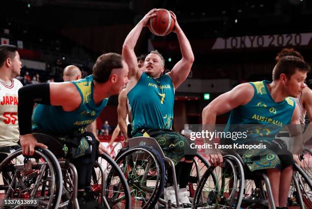 Shaun Norris of Team Australia gets a rebound against Team Japan during the men's Wheelchair Basketball quarterfinal on day 8 of the Tokyo 2020...