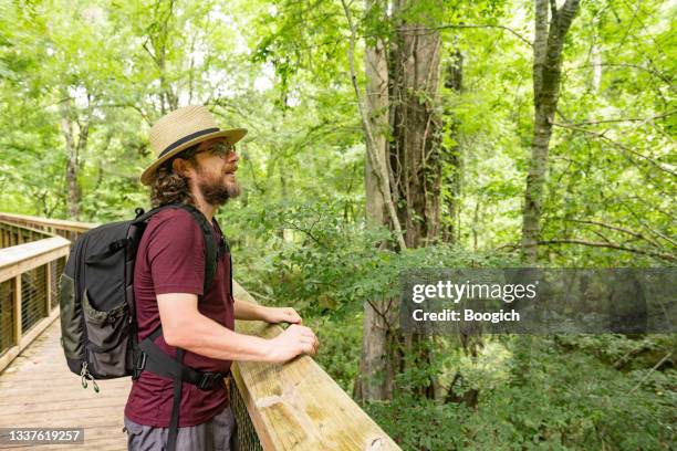 hombre de pie en el paseo marítimo en el día del bosque en ichetucknee springs state park florida - state park fotografías e imágenes de stock