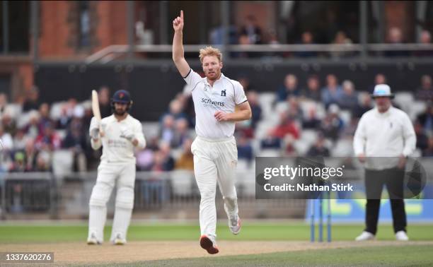 Liam Norwell of Warwickshire celebrates after he gets Dane Vilas of Lancashire out during the LV= Insurance County Championship match between...