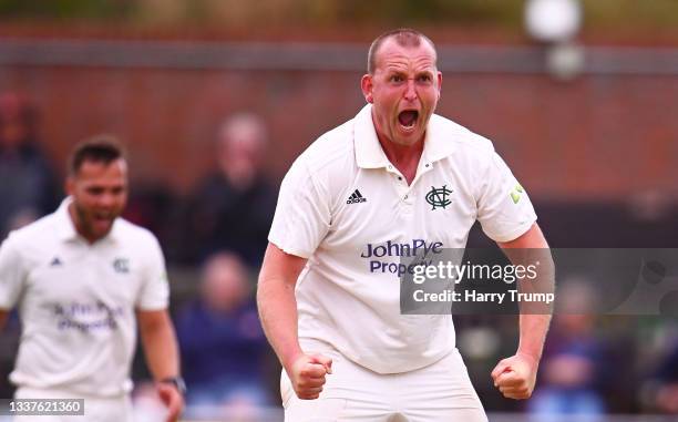Luke Fletcher of Nottinghamshire celebrates the wicket of James Hildreth of Somerset during Day Three of the LV= County Championship match between...