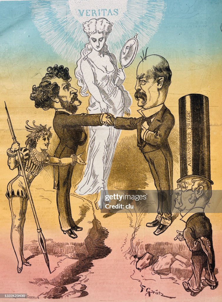 Benjamin Disraeli and Otto von Bismarck shake hands, looking for the goddess truth