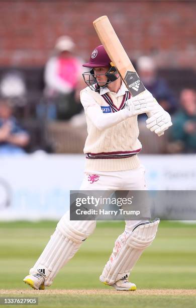 Lewis Goldsworthy of Somerset plays a shot during Day Three of the LV= County Championship match between Somerset and Nottinghamshire at The Cooper...