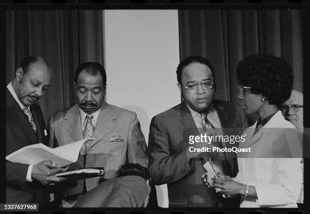 View of, from left, members of the Congressional Black Caucus US Representatives Louis Stokes , George W Collins , Charles C Diggs Jr , and Shirley...