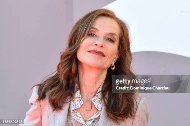 Isabelle huppert attends the red carpet of the movie "Les Promesses" during the 78th Venice International Film Festival on September 01, 2021 in...
