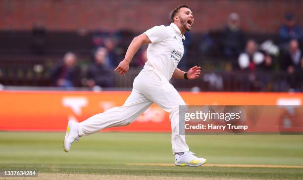 Dane Paterson of Nottinghamshire celebrates the wicket of Lewis Goldsworthy of Somerset during Day Three of the LV= County Championship match between...
