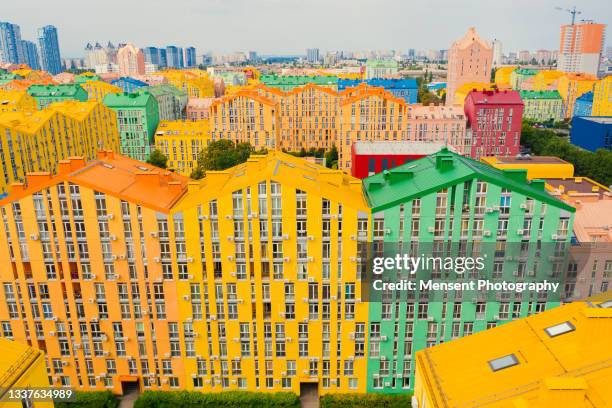 aerial top view of colorful modern buildings - aircraft skyscrapers ストックフォトと画像