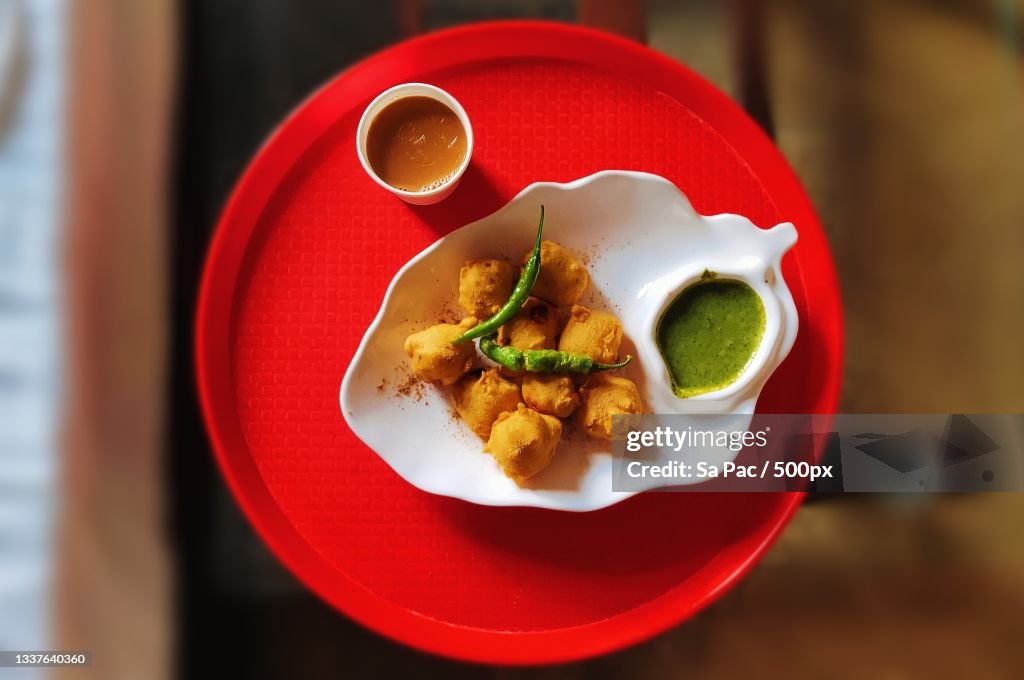 Directly above shot of food served in plate on table